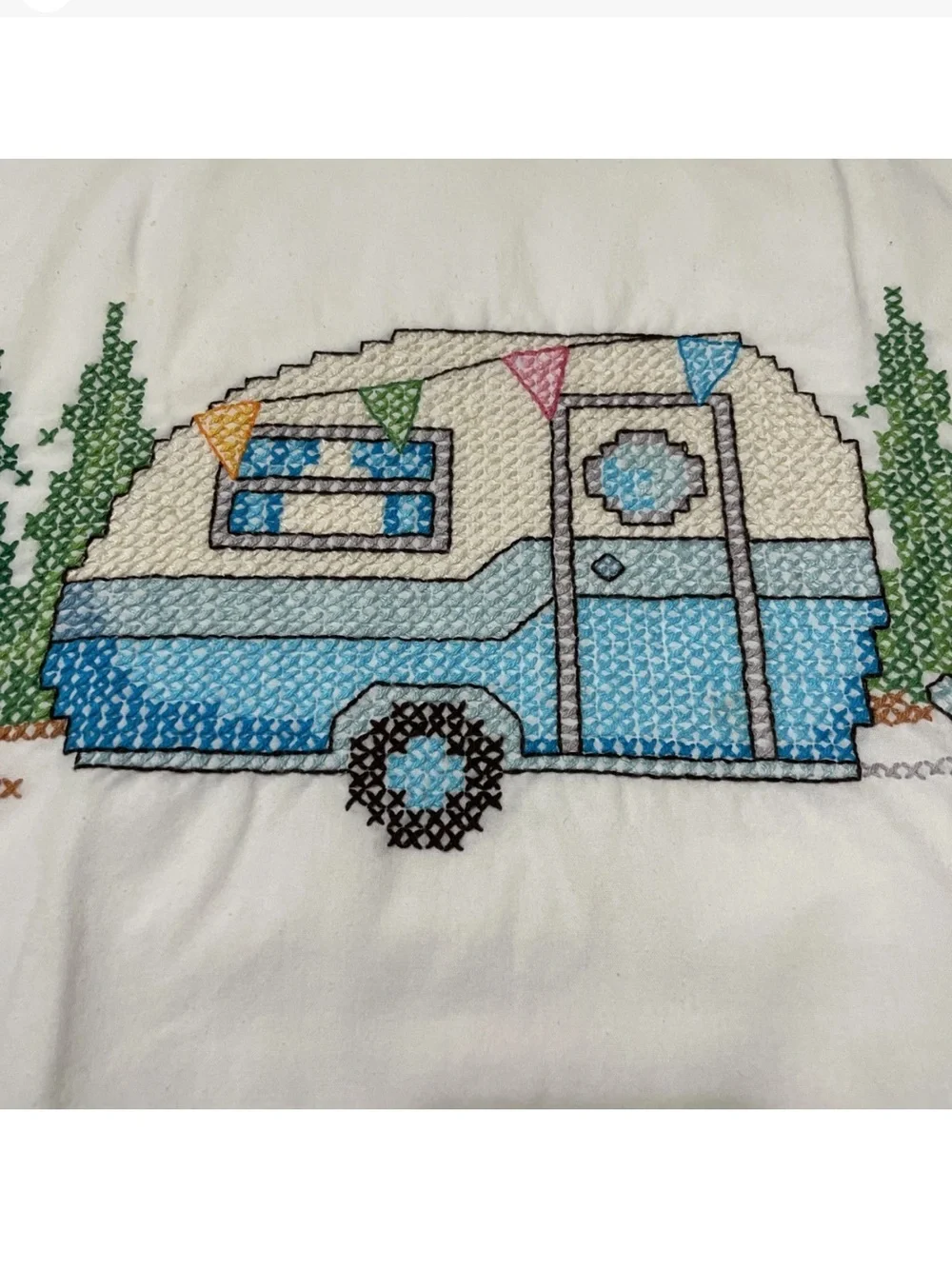 Pair Of Pillowcases Handmade Cross Stitch Embroidery Campers & Trees Standard Sz